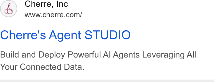 Cherre ad on Google Ads: Cherre's Agent STUDIO Build and Deploy Powerful Al Agents Leveraging All Your Connected Data.