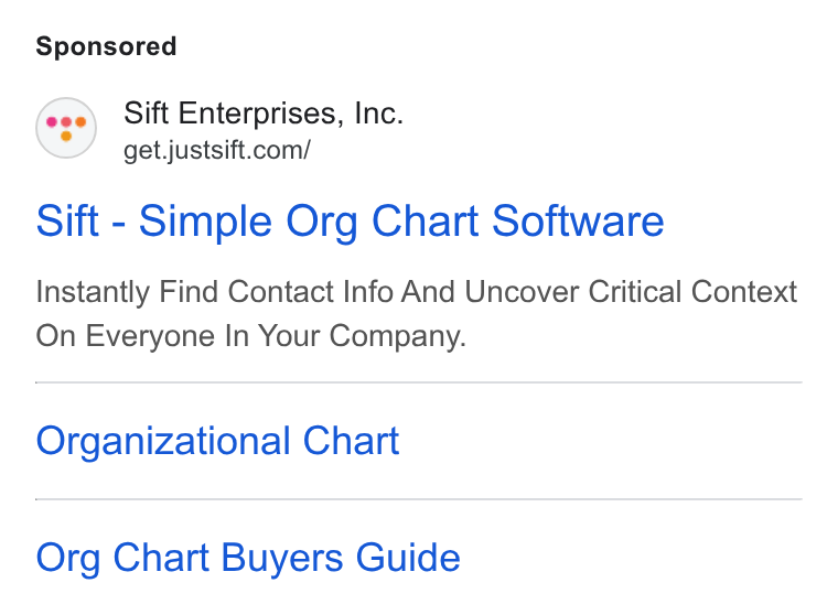 Sift ad on Google Ads: Sift - Simple Org Chart Software Instantly Find Contact Info And Uncover Critical Context On Everyone In Your Company. Organizational Chart Org Chart Buyers Guide