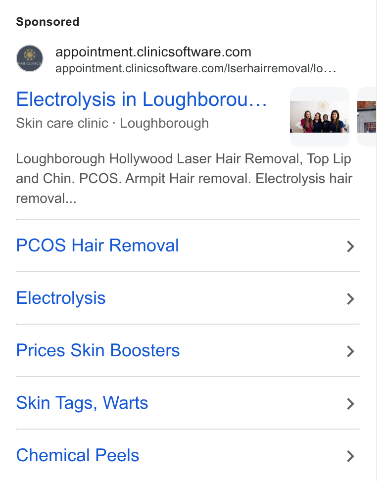 Clinic Software CRM ad on Google Ads: appointment.clinicsoftware.com/Iserhairremoval/lo.. . Electrolysis in Loughborou... Skin care clinic ‘ Loughborough Laas. a Loughborough Hollywood Laser Hair Removal, Top Lip and Chin. PCOS. Armpit Hair removal. Electrolysis hair removal... PCOS Hair Removal > Electrolysis > Prices Skin Boosters > Skin Tags, Warts > Chemical Peels >