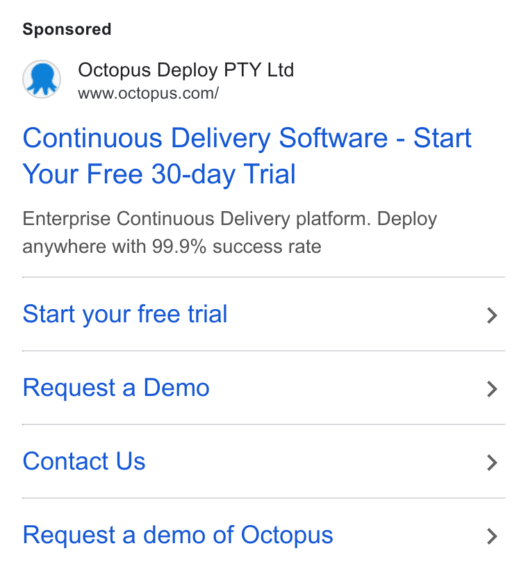 Octopus Deploy ad on Google Ads: Continuous Delivery Software - Start Your Free 30-day Trial Enterprise Continuous Delivery platform. Deploy anywhere with 99.9% success rate Start your free trial Request a Demo Contact Us Request a demo of Octopus