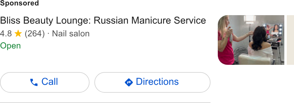 Fresha ad on Google Ads: Bliss Beauty Lounge: Russian Manicure Service 4.8 ¥ (264) - Nail salon Open