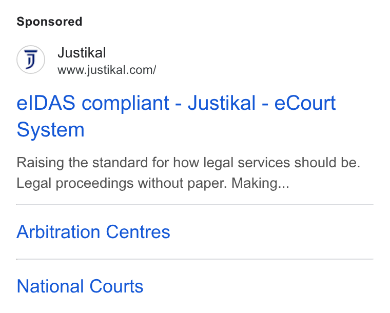 Justikal ad on Google Ads: el DAS compliant - Justikal - e Court System Raising the standard for how legal services should be. Legal proceedings without paper. Making... Arbitration Centres National Courts