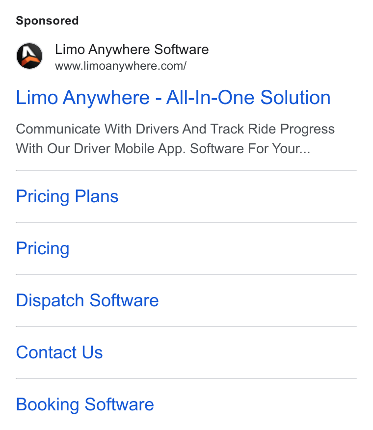 Limo Anywhere ad on Google Ads: Limo Anywhere - All-In-One Solution Communicate With Drivers And Track Ride Progress With Our Driver Mobile App. Software For Your... Pricing Plans Pricing Dispatch Software Contact Us Booking Software
