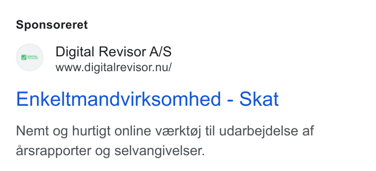 Reportability ad on Google Ads: Sponsoreret Digital Revisor A/S www.digitalrevisor.nu/ Enkeltmandvirksomhed - Skat Nemt og hurtigt online veerktgj til udarbejdelse af arsrapporter og selvangivelser.