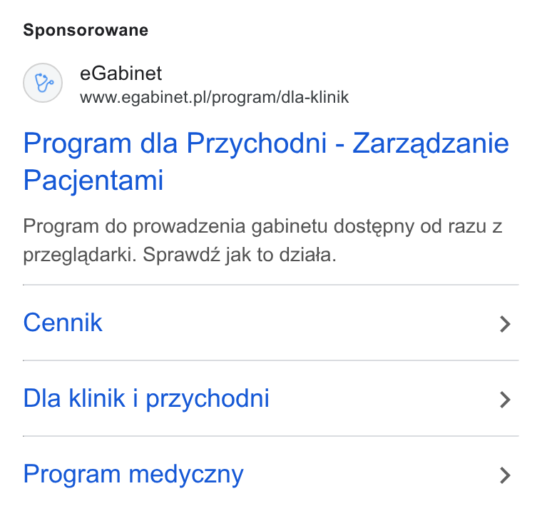 eGabinet ad on Google Ads: Sponsorowane Program dla Przychodni - Zarzadzanie Pacjentami Program do prowadzenia gabinetu dostepny od razu z przegladarki. Sprawdz jak to dziata. Cennik > Dla klinik i przychodni > Program medyczny >