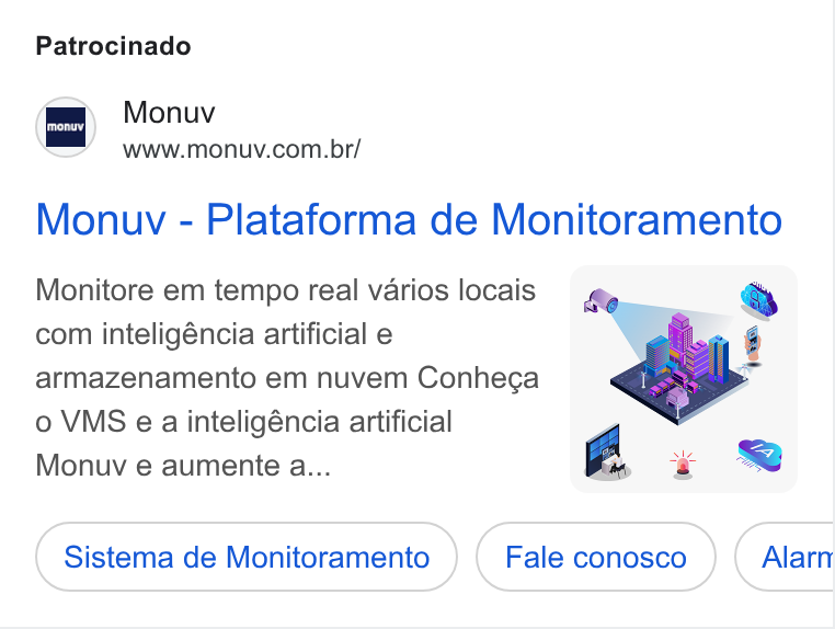 Monuv ad on Google Ads: Patrocinado Monuv - Plataforma de Monitoramento Monitore em tempo real varios locais com inteligéncia artificial e armazenamento em nuvem Conhega o VMS e a inteligéncia artificial Monuv e aumente a...