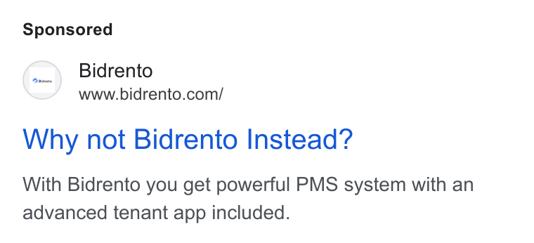 Bidrento ad on Google Ads: Why not Bidrento Instead? With Bidrento you get powerful PMS system with an advanced tenant app included.