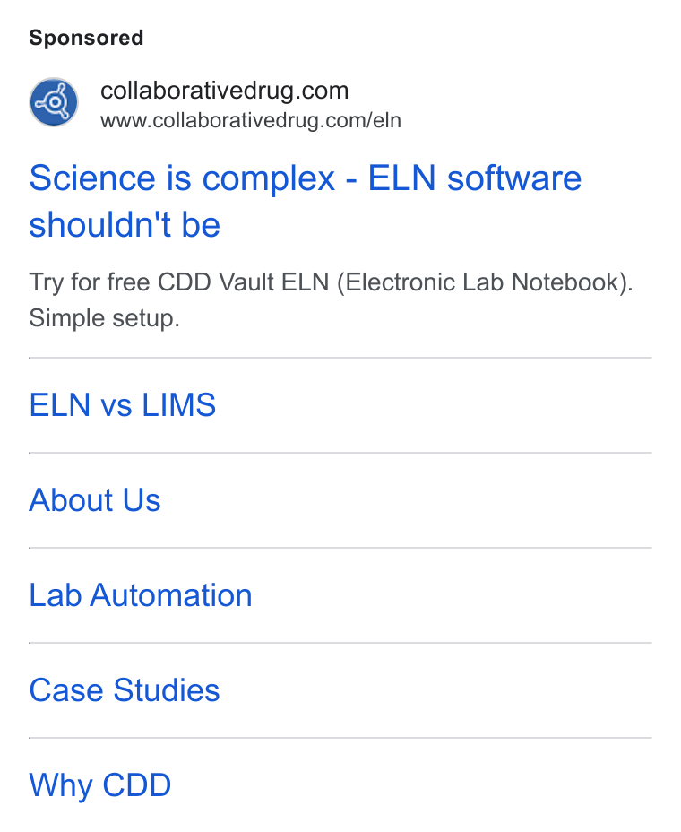 Collaborative Drug Discovery ad on Google Ads: www.collaborativedrug.com/eln Science is complex - ELN software shouldn't be Try for free CDD Vault ELN (Electronic Lab Notebook). Simple setup. ELN vs LIMS About Us Lab Automation Case Studies Why CDD