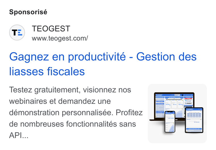 Teogest ad on Google Ads: Sponsorisé Gagnez en productivité - Gestion des liasses fiscales Testez gratuitement, visionnez nos webinaires et demandez une démonstration personnalisée. Profitez de nombreuses fonctionnalités sans API...