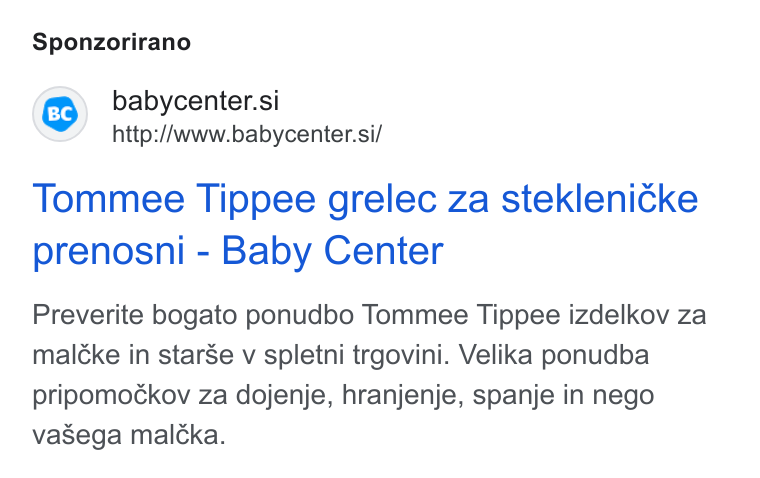 THOTH Magazine ad on Google Ads: http://www.babycenter.si/ Tommee Tippee grelec za steklenicke prenosni - Baby Center Preverite bogato ponudbo Tommee Tippee izdelkov za maléke in star Se v spletni trgovini. Velika ponudba pripomockov za dojenje, hranjenje, spanje in nego vasega malcka.