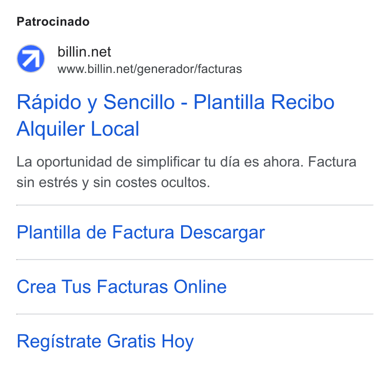 Billin ad on Google Ads: www.billin.net/generador/facturas Rapido y Sencillo - Plantilla Recibo Alquiler Local La oportunidad de simplificar tu dia es ahora. Factura sin estrés y sin costes ocultos. Plantilla de Factura Descargar Crea Tus Facturas Online Registrate Gratis Hoy