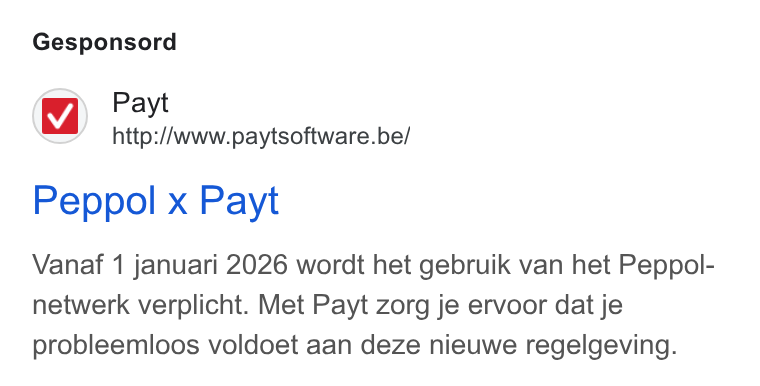 Payt Software ad on Google Ads: Peppol x Payt Vanaf 1 januari 2026 wordt het gebruik van het Peppol- netwerk verplicht. Met Payt zorg je ervoor dat je probleemloos voldoet aan deze nieuwe regelgeving.
