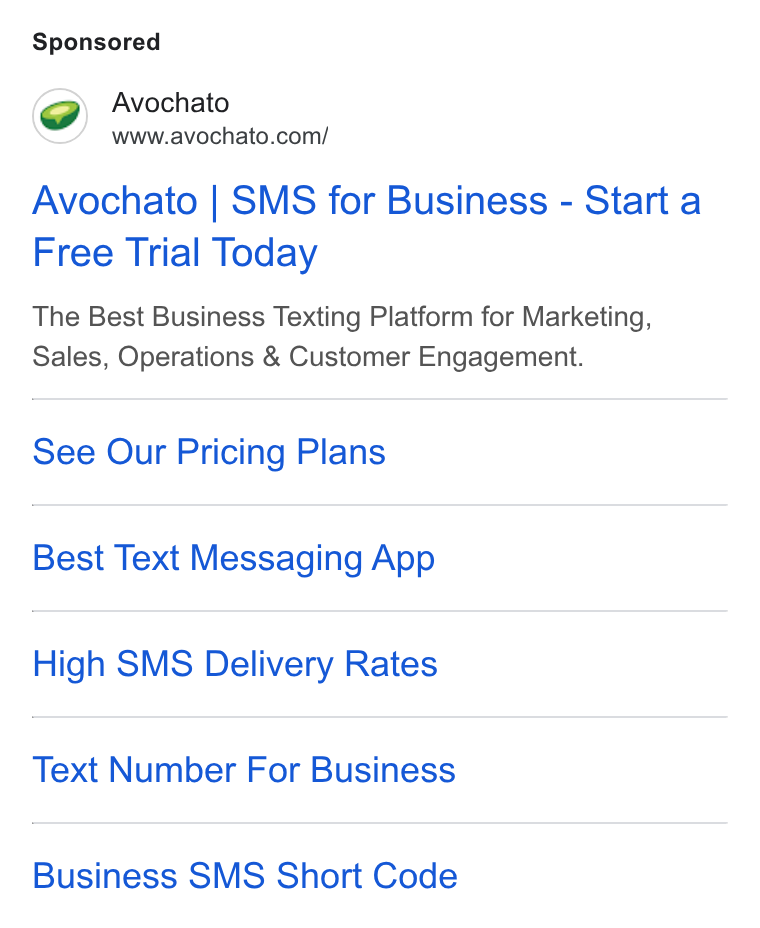 Avochato ad on Google Ads: Avochato | SMS for Business - Start a Free Trial Today The Best Business Texting Platform for Marketing, Sales, Operations & Customer Engagement. See Our Pricing Plans Best Text Messaging App High SMS Delivery Rates Text Number For Business Business SMS Short Code