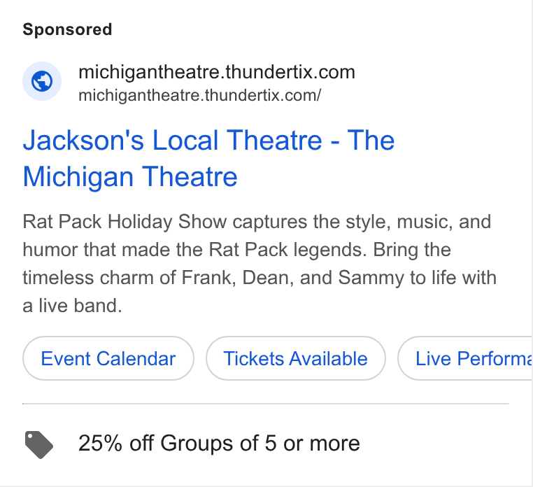 ThunderTix ad on Google Ads: michigantheatre.thundertix.com/ Jackson's Local Theatre - The Michigan Theatre Rat Pack Holiday Show captures the style, music, and humor that made the Rat Pack legends. Bring the timeless charm of Frank, Dean, and Sammy to life with a live band. Event Calendar Tickets Available > 25% off Groups of 5 or more Live Performé