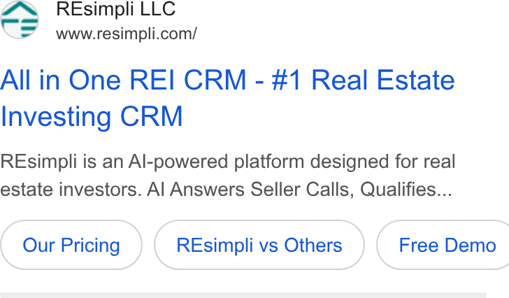 Resimpli ad on Google Ads: All in One REI CRM - #1 Real Estate Investing CRM REsimpli is an Al-powered platform designed for real estate investors. Al Answers Seller Calls, Qualifies... REsimpli vs Others }) ( Free Demo