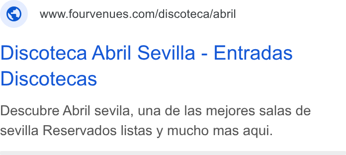 Fourvenues ad on Google Ads: Discoteca Abril Sevilla - Entradas Discotecas Descubre Abril sevila, una de las mejores salas de sevilla Reservados listas y mucho mas aqui.