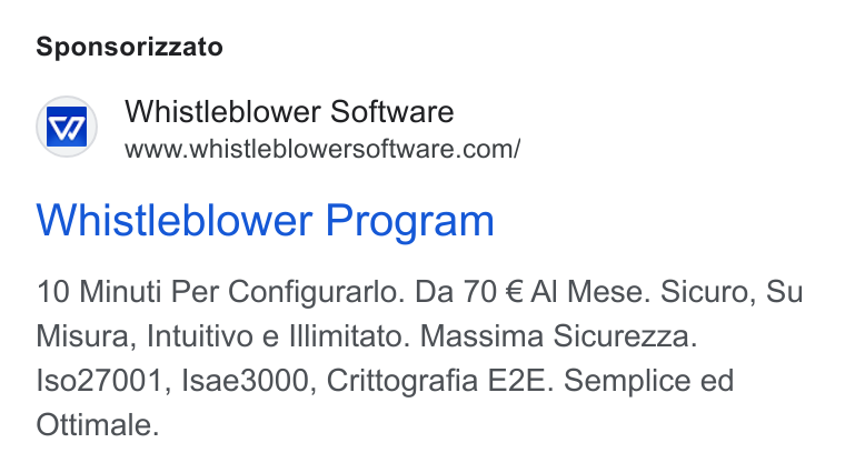 Formalize ad on Google Ads: Sponsorizzato Whistleblower Program 10 Minuti Per Configurarlo. Da 70 € Al Mese. Sicuro, Su Misura, Intuitivo e Illimitato. Massima Sicurezza. Iso27001, Isae3000, Crittografia E2E. Semplice ed Ottimale.