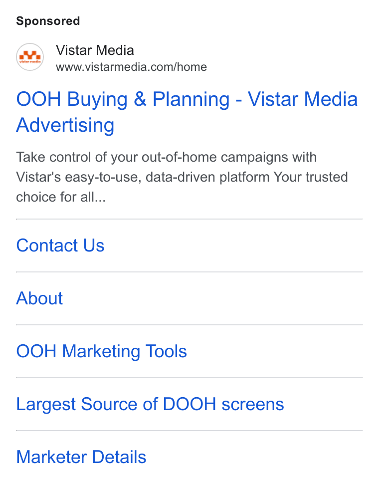 Vistar Media ad on Google Ads: OOH Buying & Planning - Vistar Media Advertising Take control of your out-of-home campaigns with Vistar's easy-to-use, data-driven platform Your trusted choice for all... Contact Us About OOH Marketing Tools Largest Source of DOOH screens Marketer Details