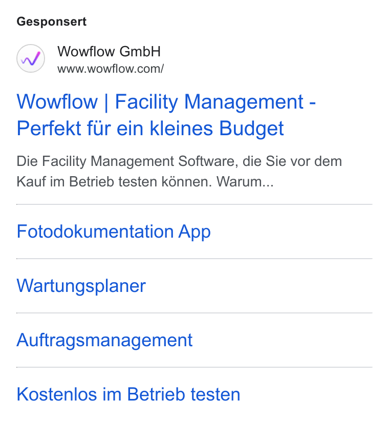 Wowflow ad on Google Ads: Gesponsert Wowflow | Facility Management - Perfekt fur ein kleines Budget Die Facility Management Software, die Sie vor dem Kauf im Betrieb testen k6nnen. Warum... Fotodokumentation App Wartungsplaner Auftragsmanagement Kostenlos im Betrieb testen