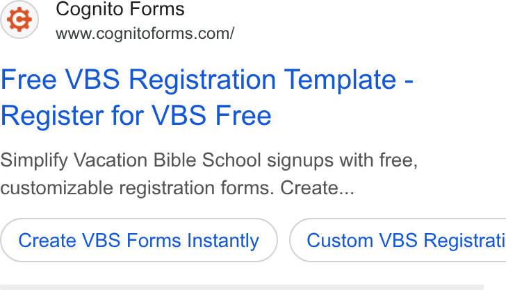 Cognito Forms ad on Google Ads: Free VBS Registration Template - Register for VBS Free Simplify Vacation Bible School signups with free, customizable registration forms. Create... Create VBS Forms Instantly ) ( Custom VBS Registrati
