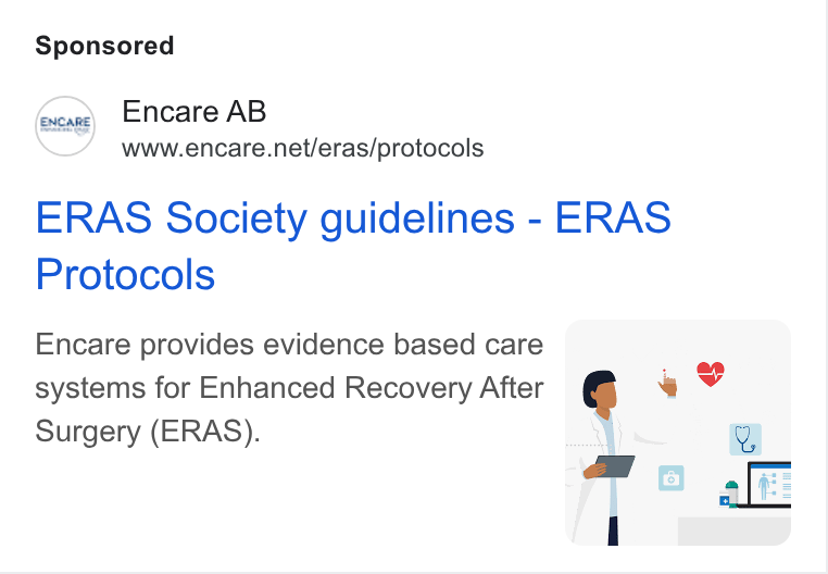Encare ad on Google Ads: ERAS Society guidelines - ERAS Protocols Encare provides evidence based care ° systems for Enhanced Recovery After « . | v Surgery (ERAS). Wh a7
