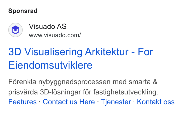 Visuado ad on Google Ads: Sponsrad 3D Visualisering Arkitektur - For Eiendomsutviklere Forenkla nybyggnadsprocessen med smarta & prisvarda 3D-ld6sningar for fastighetsutveckling. Features - Contact us Here - Tjenester - Kontakt oss