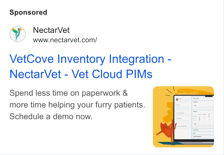 NectarVet ad on Google Ads: Vet Cove Inventory Integration - Nectar Vet - Vet Cloud PIMs Spend less time on paperwork & more time helping your furry patients. Schedule a demo now.