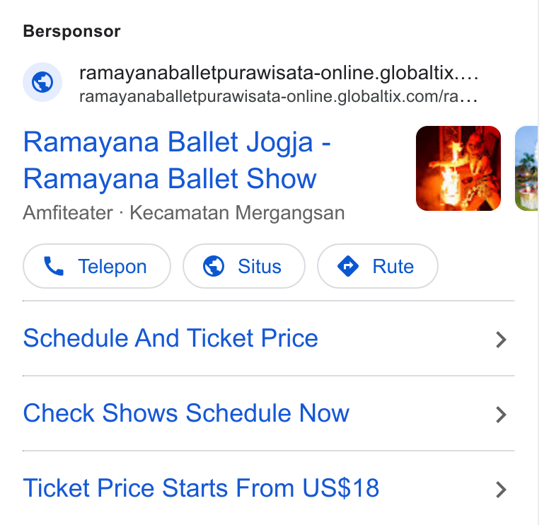 GlobalTix ad on Google Ads: Bersponsor Ramayana Ballet Jogja - Ramayana Ballet Show Amfiteater - Kecamatan Mergangsan Telepon }( © Situs }( Rute } Schedule And Ticket Price Check Shows Schedule Now Ticket Price Starts From US$18