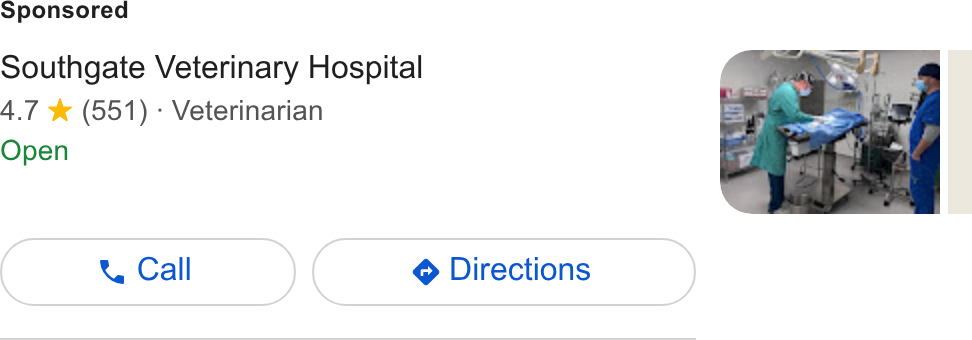 PetDesk ad on Google Ads: Southgate Veterinary Hospital 4.7 *& (551) - Veterinarian Open