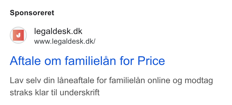 Legaldesk.dk ad on Google Ads: www.legaldesk.dk/ Aftale om familielan for Price Lav selv din laneaftale for familielan online og modtag straks klar til underskrift