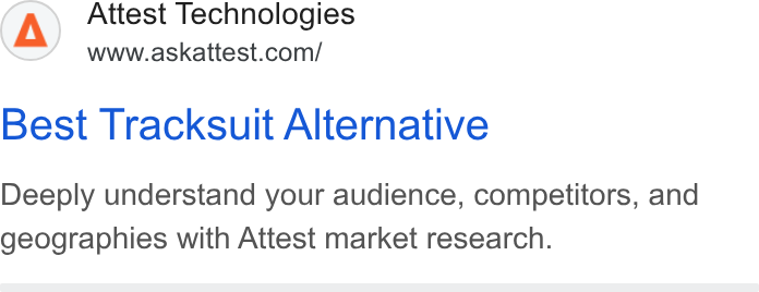 Attest ad on Google Ads: Best Tracksuit Alternative Deeply understand your audience, competitors, and geographies with Attest market research.