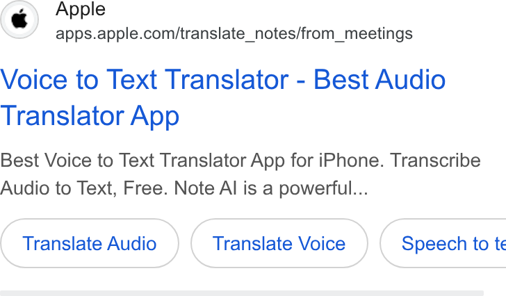 Apple ad on Google Ads: Voice to Text Translator - Best Audio Translator App Best Voice to Text Translator App for i Phone. Transcribe Audio to Text, Free. Note Al is a powerful... Translate Audio Translate Voice }( Speech to te