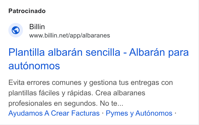 Billin ad on Google Ads: Patrocinado Plantilla albaran sencilla - Albaran para aut Onomos Evita errores comunes y gestiona tus entregas con plantillas faciles y rapidas. Crea albaranes profesionales en segundos. No te... Ayudamos A Crear Facturas - Pymes y Auténomos -