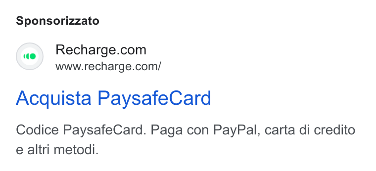 Recharge ad on Google Ads: www.recharge.con/ Acquista Paysafe Card Codice Paysafe Card. Paga con Pay Pal, carta di credito e altri metodi.