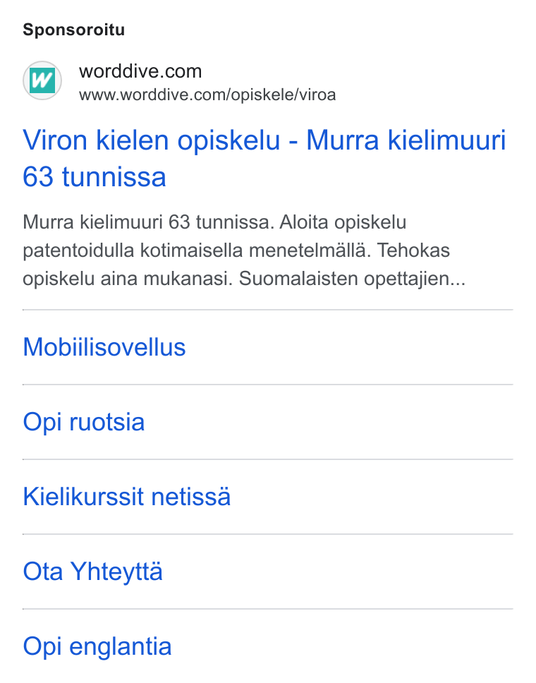 WordDive ad on Google Ads: www.worddive.com/opiskele/viroa Viron kielen opiskelu - Murra kielimuuri 63 tunnissa Murra kielimuuri 63 tunnissa. Aloita opiskelu patentoidulla kotimaisella menetelmalla. Tehokas opiskelu aina mukanasi. Suomalaisten opettajien... Mobiilisovellus Opi ruotsia Kielikurssit netissa Ota Yhteytta Opi englantia