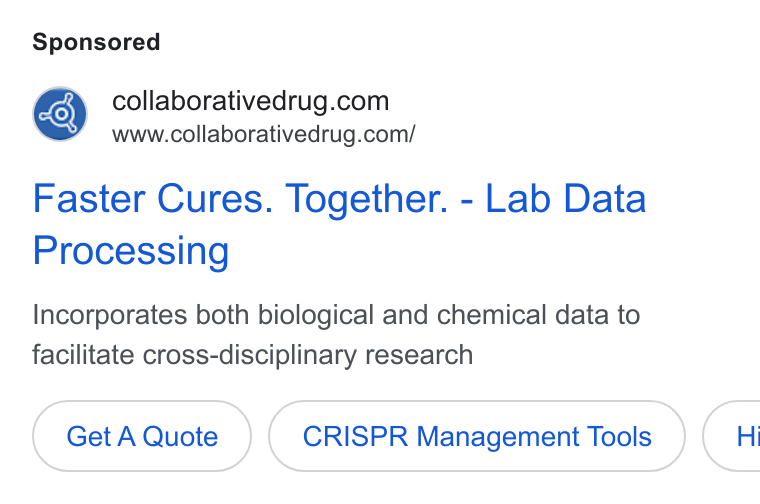 Collaborative Drug Discovery ad on Google Ads: www.collaborativedrug.com/ Faster Cures. Together. - Lab Data Processing Incorporates both biological and chemical data to facilitate cross-disciplinary research Get A Quote CRISPR Management Tools } ( Hi