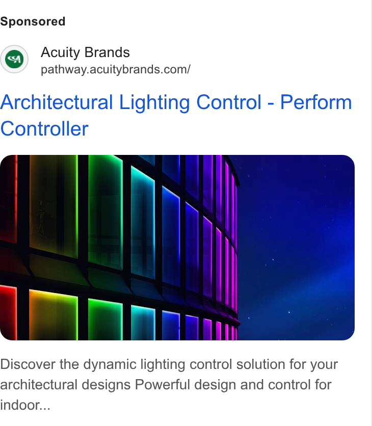 Acuity Brands ad on Google Ads: Architectural Lighting Control - Perform Controller Discover the dynamic lighting control solution for your architectural designs Powerful design and control for indoor...