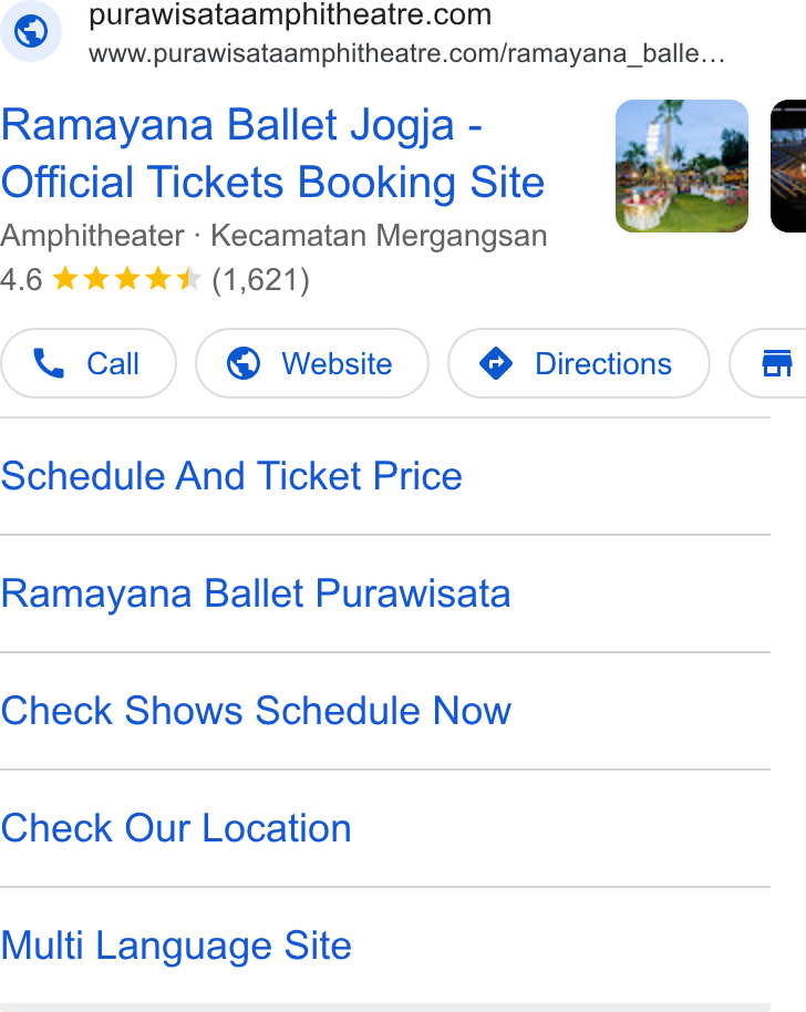 GlobalTix ad on Google Ads: = WWW. purawisataamphitheatre.com/ramayana_balle... Ramayana Ballet Jogja - Official Tickets Booking Site Amphitheater - Kecamatan Mergangsan A.6 &k& k& Kk (1,621) Call ) ( @ Website } ( @ Directions ) Schedule And Ticket Price Ramayana Ballet Purawisata Check Shows Schedule Now Check Our Location Multi Language Site