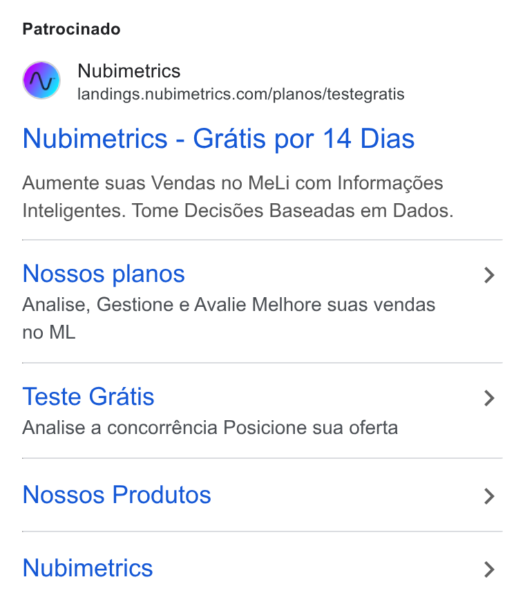 Nubimetrics ad on Google Ads: Patrocinado Nubimetrics - Gratis por 14 Dias Aumente suas Vendas no Me Li com Informagées Inteligentes. Tome Decisées Baseadas em Dados. Nossos planos Analise, Gestione e Avalie Melhore suas vendas no ML Teste Gratis Analise a concorréncia Posicione sua oferta Nossos Produtos Nubimetrics