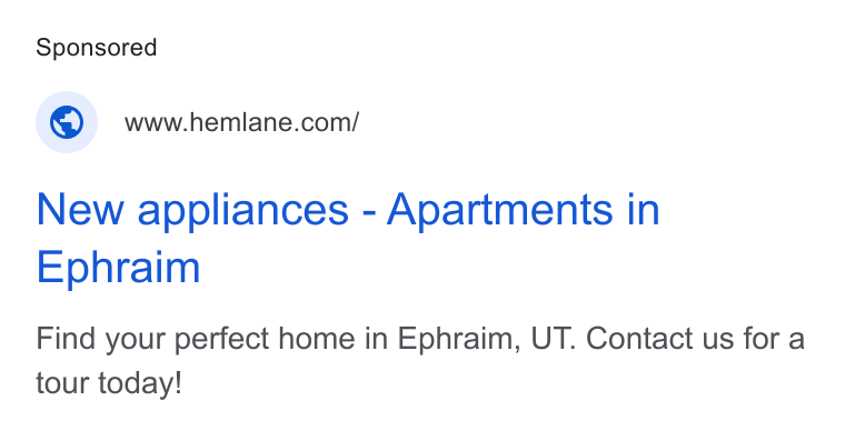 Hemlane ad on Google Ads: New appliances - Apartments in Ephraim Find your perfect home in Ephraim, UT. Contact us for a tour today!
