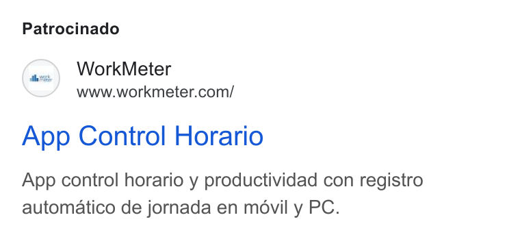WorkMeter ad on Google Ads: Patrocinado App Control Horario App control horario y productividad con registro automatico de jornada en movil y PC.