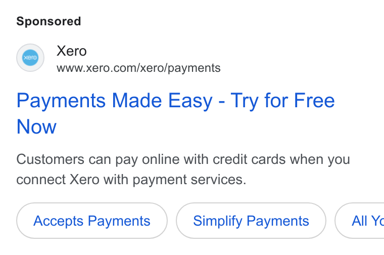 Xero ad on Google Ads: Payments Made Easy - Try for Free Now Customers can pay online with credit cards when you connect Xero with payment services. Accepts Payments Simplify Payments } ( All Yc