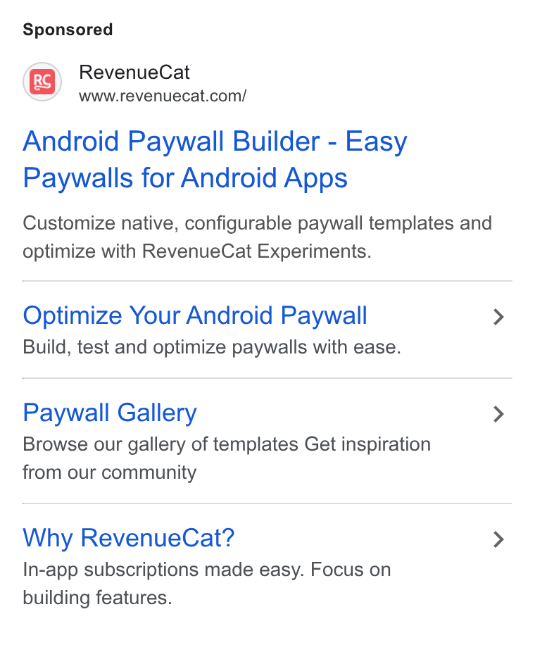 RevenueCat ad on Google Ads: Android Paywall Builder - Easy Paywalls for Android Apps Customize native, configurable paywall templates and optimize with Revenue Cat Experiments. Optimize Your Android Paywall Build, test and optimize paywalls with ease. Paywall Gallery Browse our gallery of templates Get inspiration from our community Why Revenue Cat? In-app subscriptions made easy. Focus on building features.