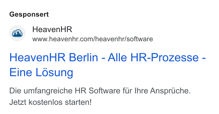 HeavenHR ad on Google Ads: Gesponsert Heaven HR Berlin - Alle HR-Prozesse - Eine Losung Die umfangreiche HR Software fur Ihre Anspriche. Jetzt kostenlos starten!