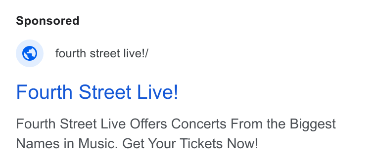 Tripleseat ad on Google Ads: © fourth street live!/ Fourth Street Live! Fourth Street Live Offers Concerts From the Biggest Names in Music. Get Your Tickets Now!