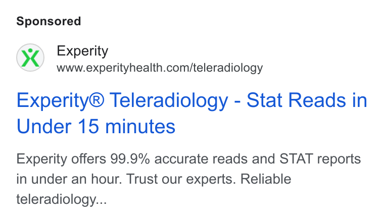 Experity ad on Google Ads: Experity® Teleradiology - Stat Reads in Under 15 minutes Experity offers 99.9% accurate reads and STAT reports in under an hour. Trust our experts. Reliable teleradiology...