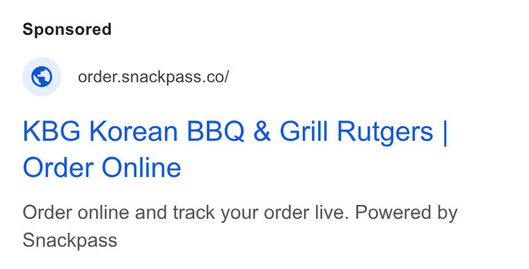 Snackpass ad on Google Ads: KBG Korean BBQ & Grill Rutgers | Order Online Order online and track your order live. Powered by Snackpass