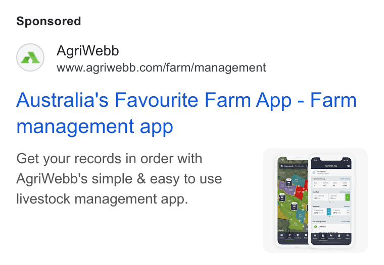 AgriWebb ad on Google Ads: Australia's Favourite Farm App - Farm management app Get your records in order with Agri Webb's simple & easy to use livestock management app.