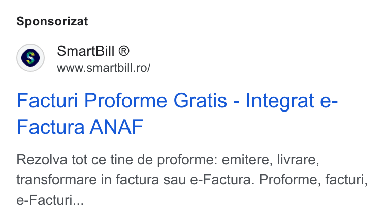 SmartBill ad on Google Ads: Sponsorizat Facturi Proforme Gratis - Integrat e- Factura ANAF Rezolva tot ce tine de proforme: emitere, livrare, transformare in factura sau e-Factura. Proforme, facturi, e-Facturi...