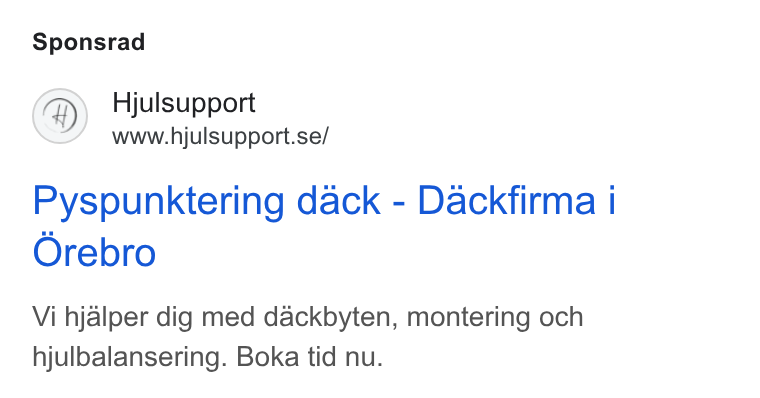 Boka.se ad on Google Ads: Sponsrad Pyspunktering dack - Dackfirma i Orebro Vi hjalper dig med dackbyten, montering och hjulbalansering. Boka tid nu.